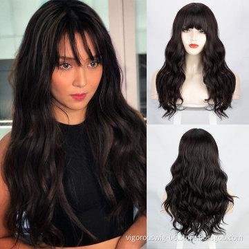 Vigorous Long Wavy Wigs African American Synthetic Hair Brown Wigs with Bangs Heat Resistant Wig For Black Women